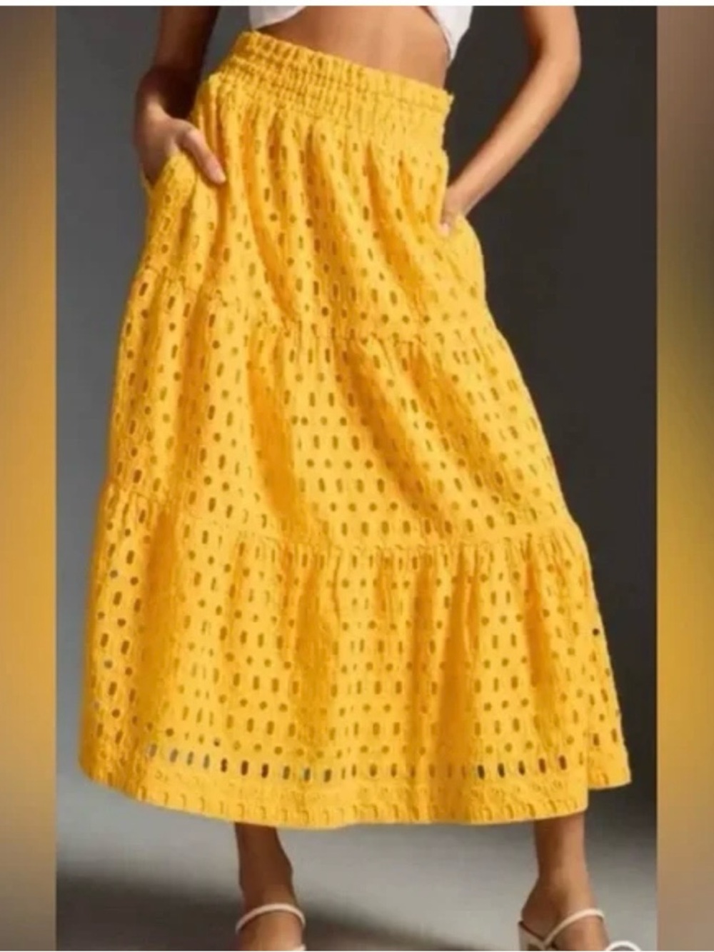 Anthropologie Sunflower Yellow Eyelet Tiered Midi Skirt